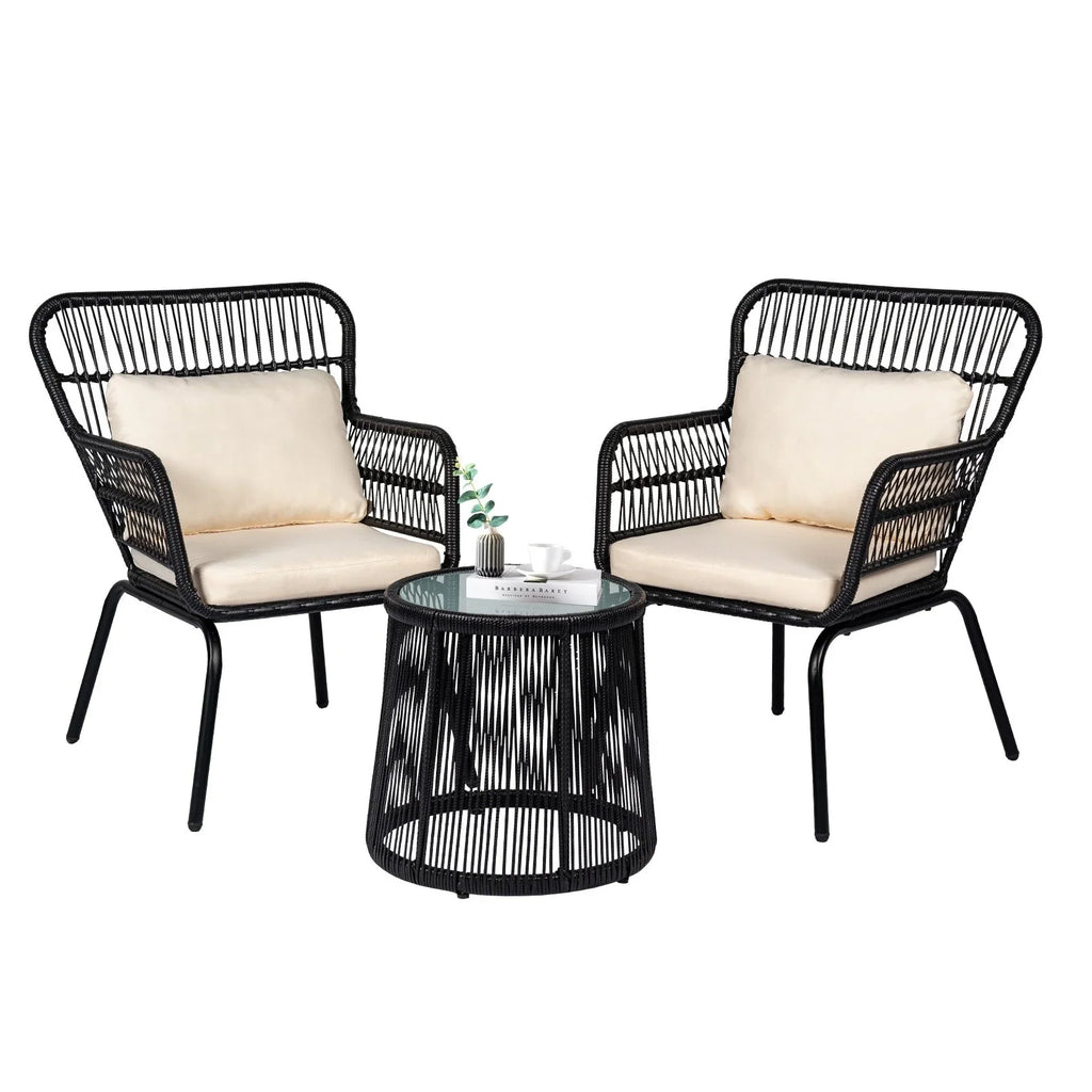 3 Piece Outdoor Wicker Conversation Bistro Set, All-Weather Rattan Furniture Patio Chairs Set with Cushions