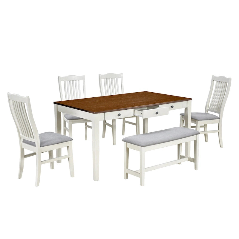 6-Piece Wooden Dining Table Set with 4 Chairs & Bench, Table with Drawer