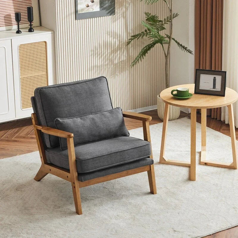 Upholstered Linen Blend Accent Chair with Wooden Legs and One Pillow Beige