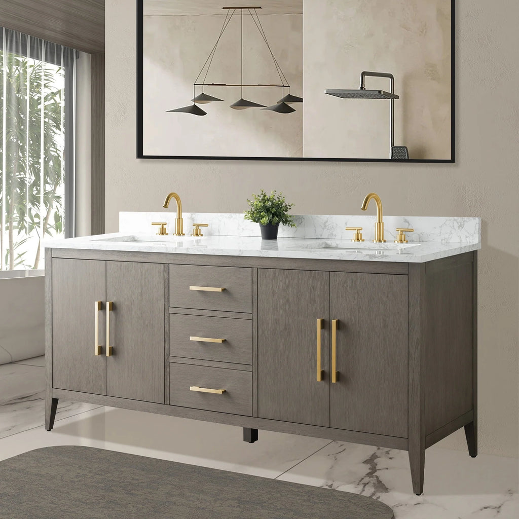 Vanity Art 72 Double Sink Bathroom Vanity Cabinet with Engineered Marble Top