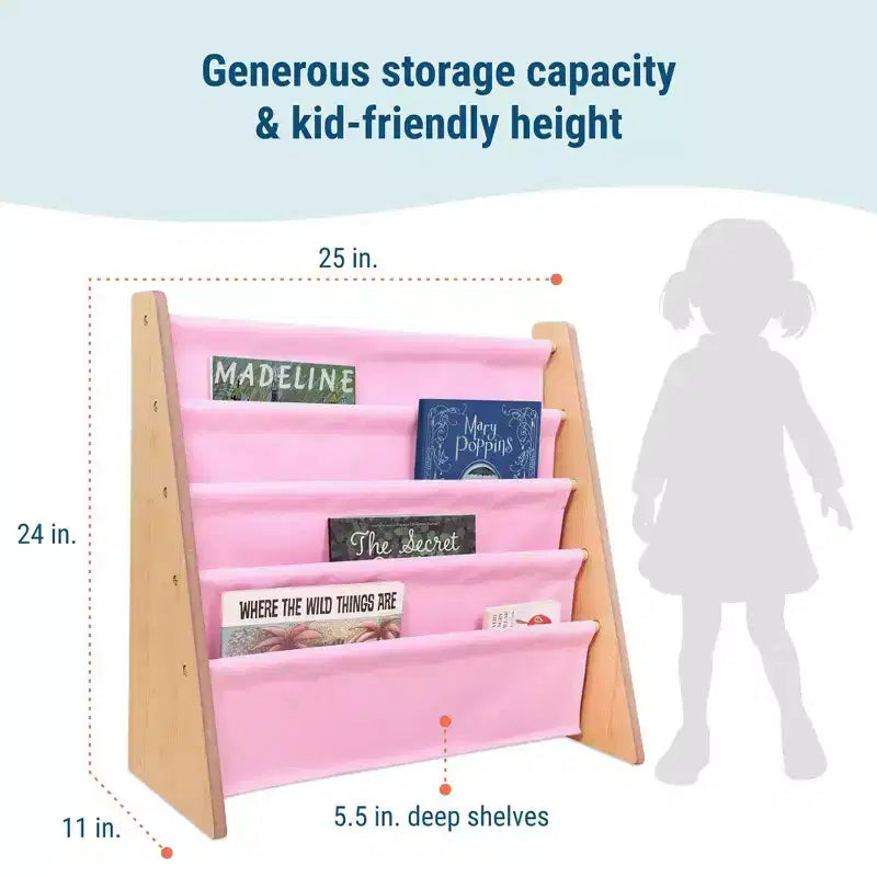 Libreria Original Sling per bambini in pelle vegana, legno naturale e rosa chiaro: 4 ripiani, struttura in MDF, età 3-10 anni
