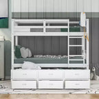 Letto a castello in legno Twin su Twin con scaletta, letto estraibile e cassetti