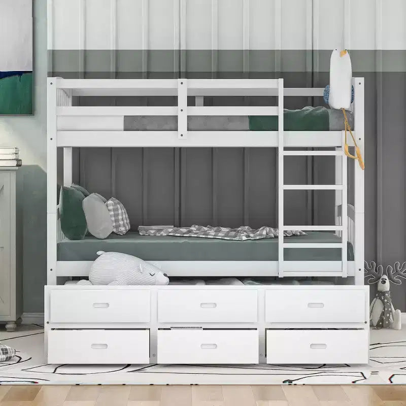 Letto a castello in legno Twin su Twin con scaletta, letto estraibile e cassetti