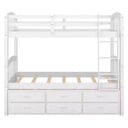 Letto a castello in legno Twin su Twin con scaletta, letto estraibile e cassetti