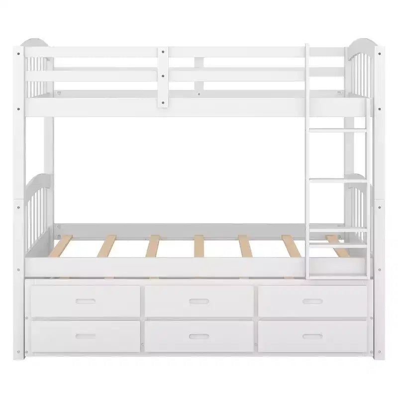 Letto a castello in legno Twin su Twin con scaletta, letto estraibile e cassetti
