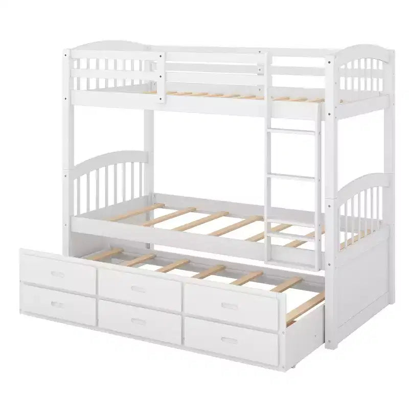 Letto a castello in legno Twin su Twin con scaletta, letto estraibile e cassetti