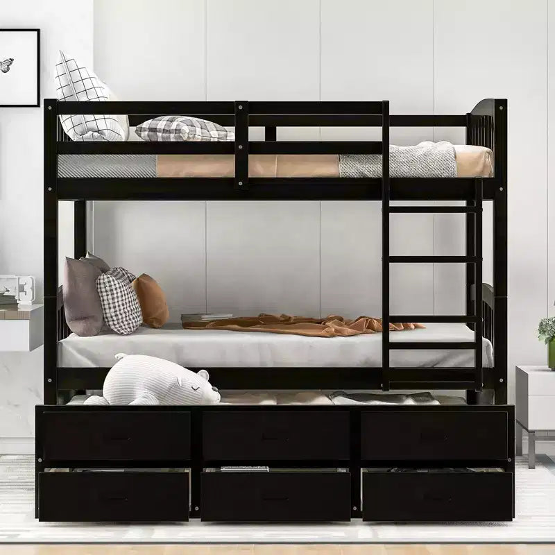 Letto a castello in legno Twin su Twin con scaletta, letto estraibile e cassetti