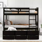 Letto a castello in legno Twin su Twin con scaletta, letto estraibile e cassetti