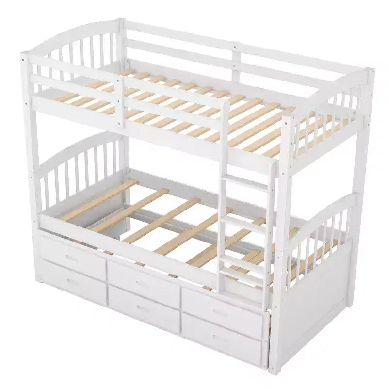 Letto a castello in legno Twin su Twin con scaletta, letto estraibile e cassetti