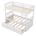 Letto a castello in legno Twin su Twin con scaletta, letto estraibile e cassetti