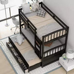 Letto a castello in legno Twin su Twin con scaletta, letto estraibile e cassetti