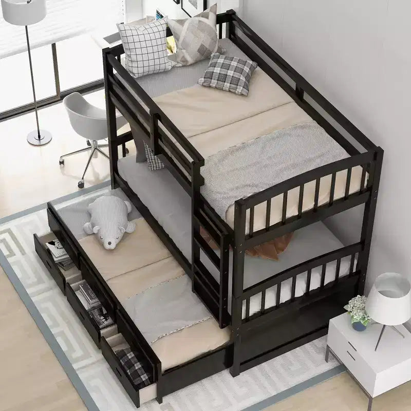 Letto a castello in legno Twin su Twin con scaletta, letto estraibile e cassetti