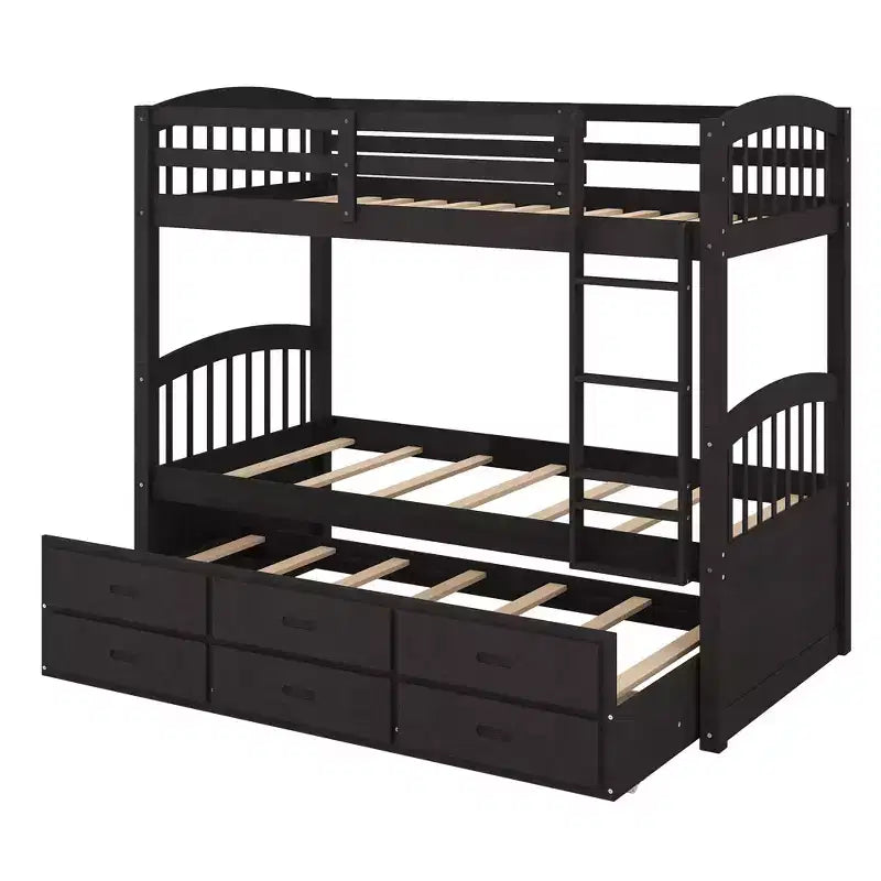 Letto a castello in legno Twin su Twin con scaletta, letto estraibile e cassetti