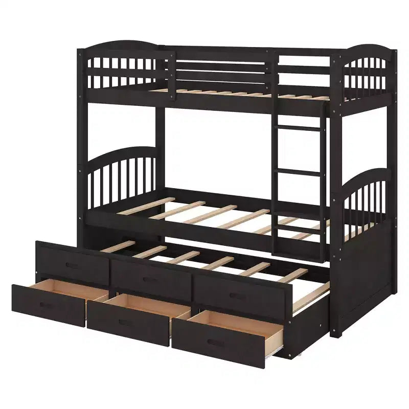 Letto a castello in legno Twin su Twin con scaletta, letto estraibile e cassetti