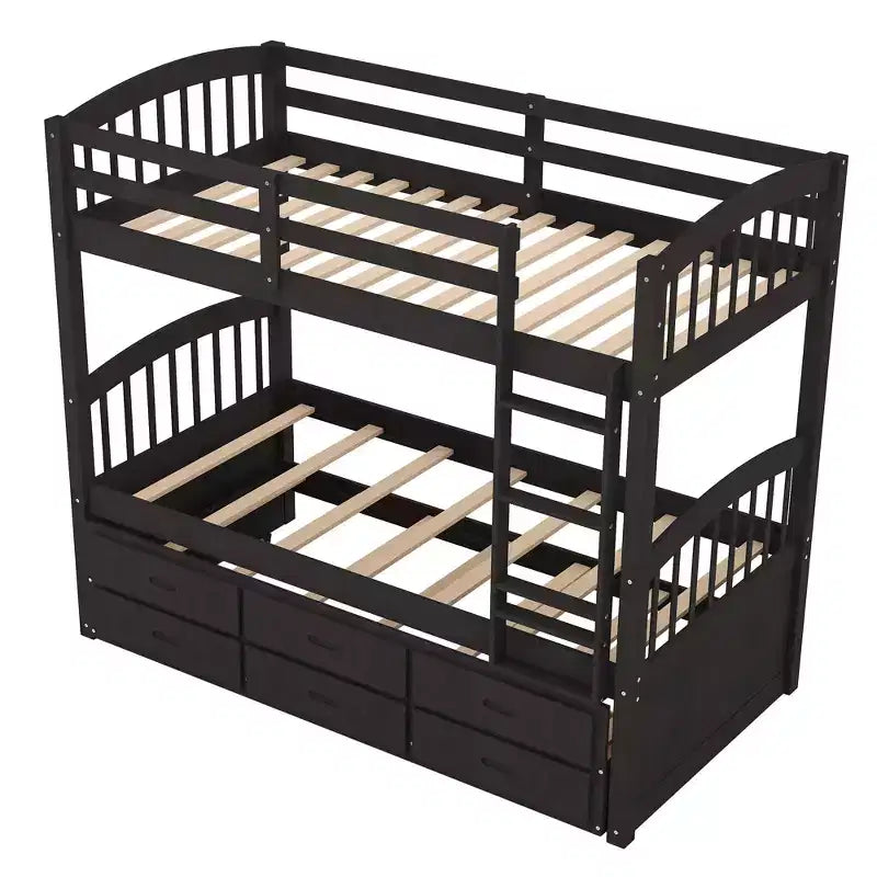 Letto a castello in legno Twin su Twin con scaletta, letto estraibile e cassetti