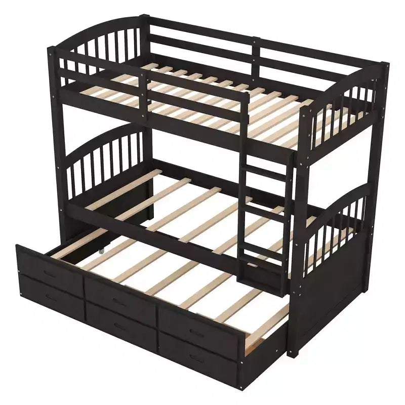 Letto a castello in legno Twin su Twin con scaletta, letto estraibile e cassetti
