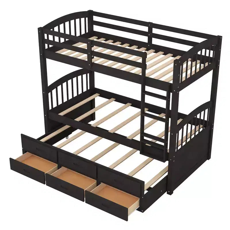 Letto a castello in legno Twin su Twin con scaletta, letto estraibile e cassetti