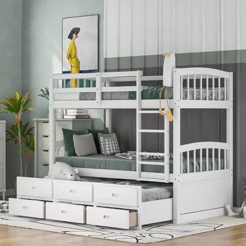 Letto a castello in legno Twin su Twin con scaletta, letto estraibile e cassetti