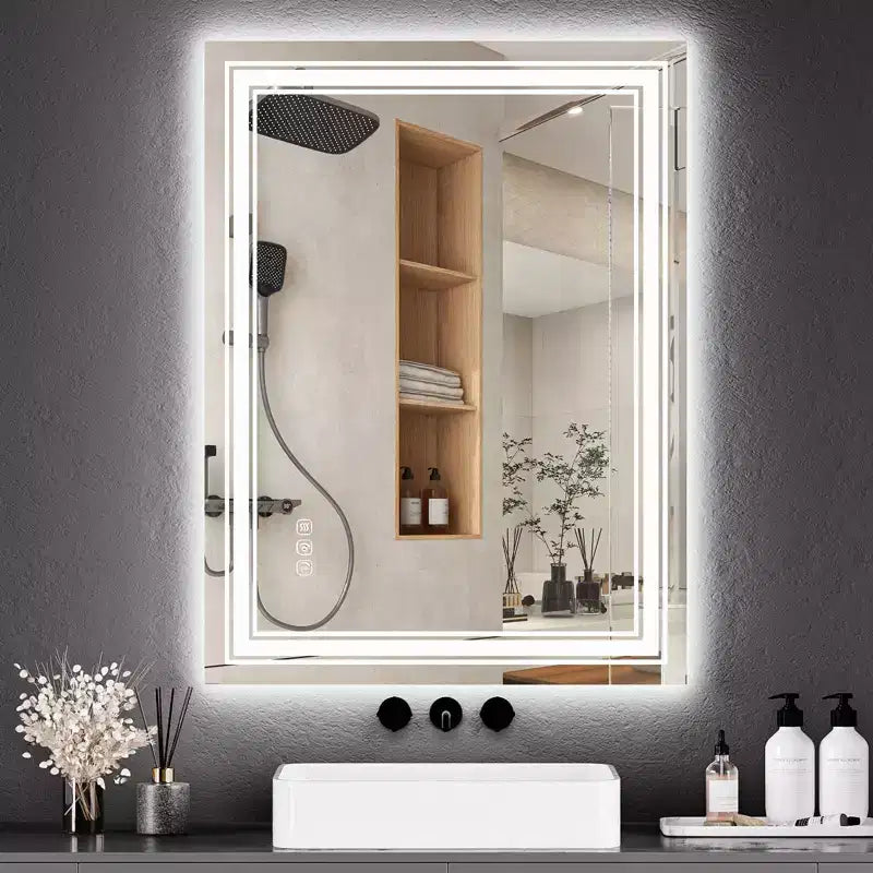 Specchio da bagno retroilluminato e frontale a LED con anti-appannamento e dimmer