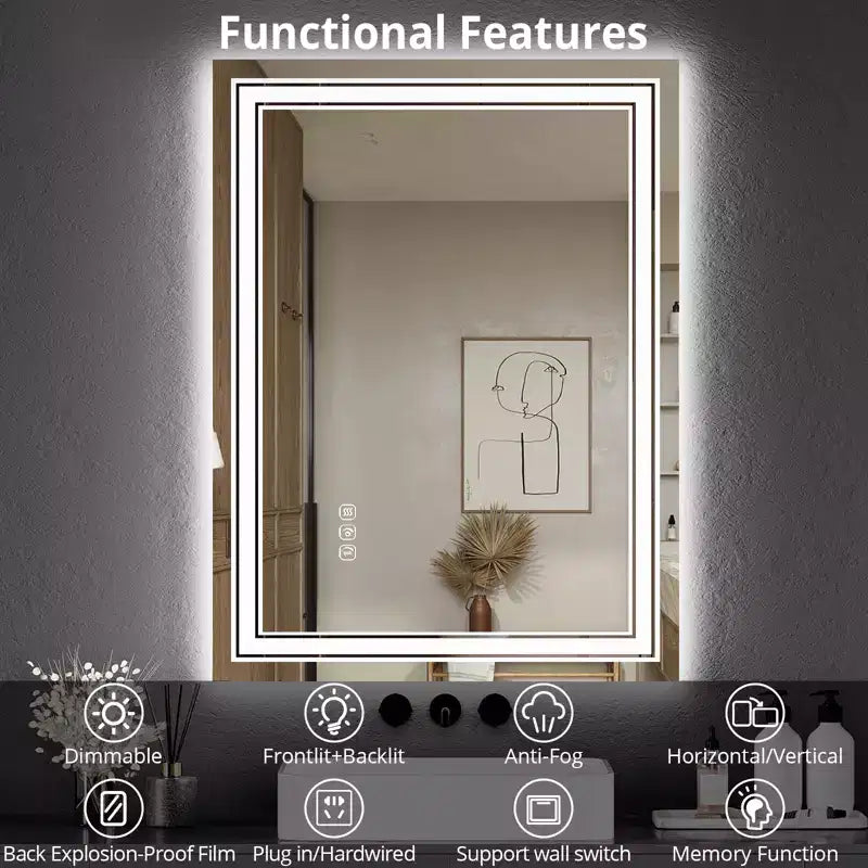 Specchio da bagno retroilluminato e frontale a LED con anti-appannamento e dimmer
