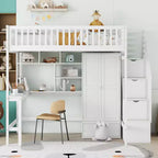 Letto a soppalco full size in legno con libreria, scrivania, cassetti e armadio 94.4''L x 57''W
