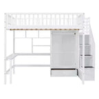 Letto a soppalco full size in legno con libreria, scrivania, cassetti e armadio 94.4''L x 57''W