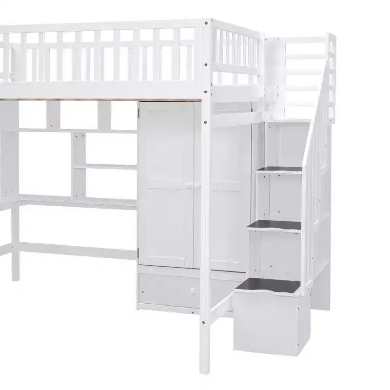 Letto a soppalco in legno con libreria, cassetti, scrivania e armadio, 94.4''L 57''W, costruzione robusta e design unico