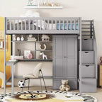 Letto a soppalco full size in legno con libreria, scrivania, cassetti e armadio 94.4''L x 57''W