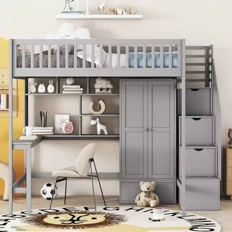 Letto a soppalco in legno con libreria, cassetti, scrivania e armadio, 94.4''L 57''W, costruzione robusta e design unico