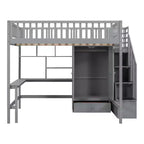 Letto a soppalco full size in legno con libreria, scrivania, cassetti e armadio 94.4''L x 57''W