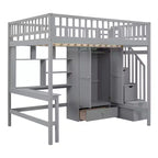 Letto a soppalco full size in legno con libreria, scrivania, cassetti e armadio 94.4''L x 57''W