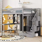 Whisen 94.4''L  57''W Full Size Wood Loft Bed with Bookshelf, Drawers, Desk and Wardrobe, Sturdy construction & Unique design
