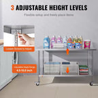 Tavolo da Lavoro in Acciaio Inox 30"x60"x38" con Ruote e Altezza Regolabile