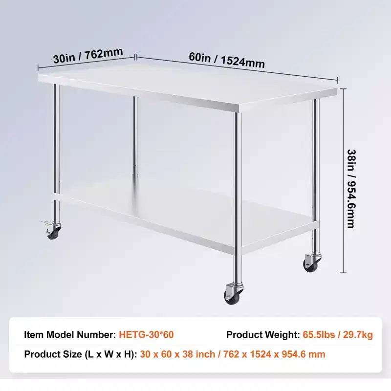 Tavolo da lavoro in acciaio inox 30 x 60 x 38 pollici, con 4 ruote, 3 livelli di altezza regolabili, tavolo da lavoro per la preparazione di alimenti per impieghi gravosi