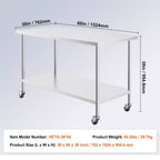Tavolo da Lavoro in Acciaio Inox 30"x60"x38" con Ruote e Altezza Regolabile