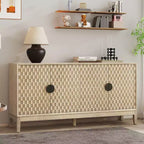 63 Buffet Cabinet with Storage, Distressed Storage Cabinet with 4 Carved Doors and Adjustable Shelf, Yellow
