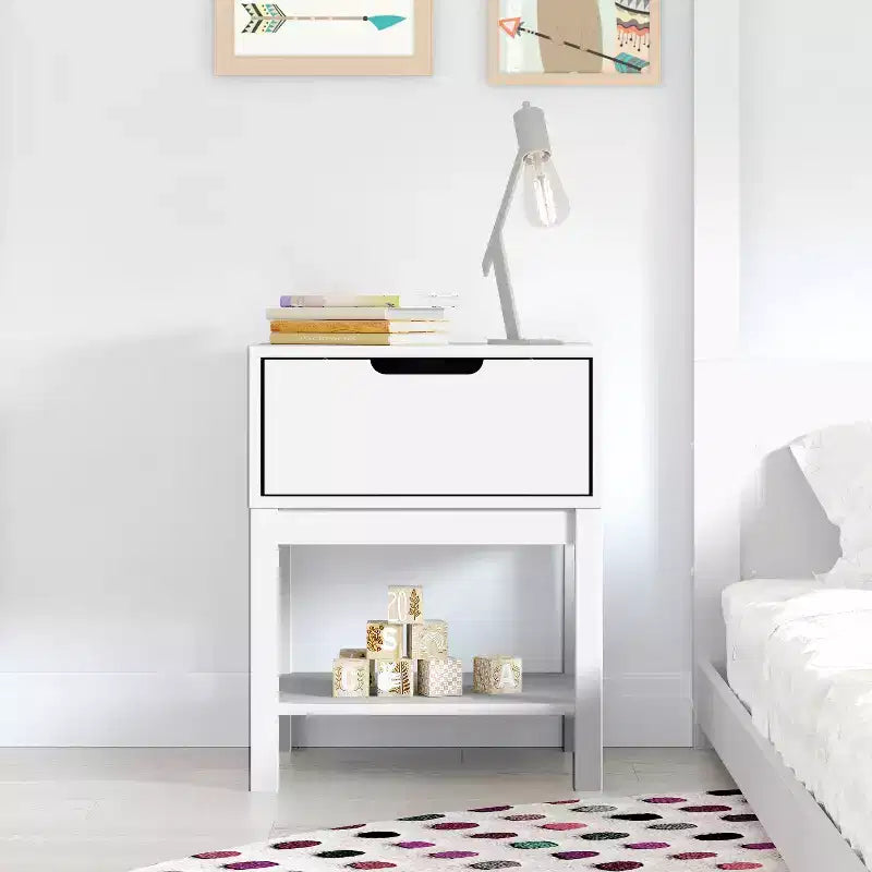 Emma and Oliver Kids Single-Drawer Night Stand with Solid Wood Frame, Side Table for Kids Bedroom with Open Shelf