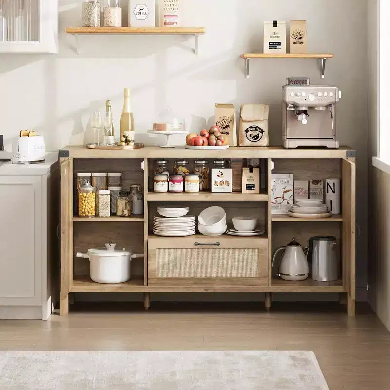 Credenza in legno e rattan 59.1''L x 18.43''P x 8.07''A