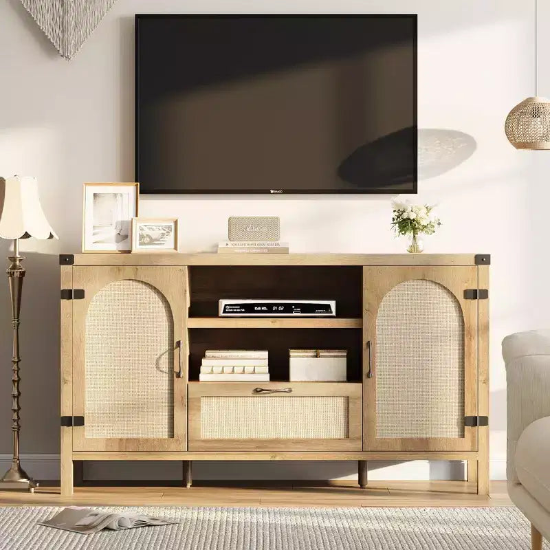 Credenza in legno e rattan 59.1''L x 18.43''P x 8.07''A