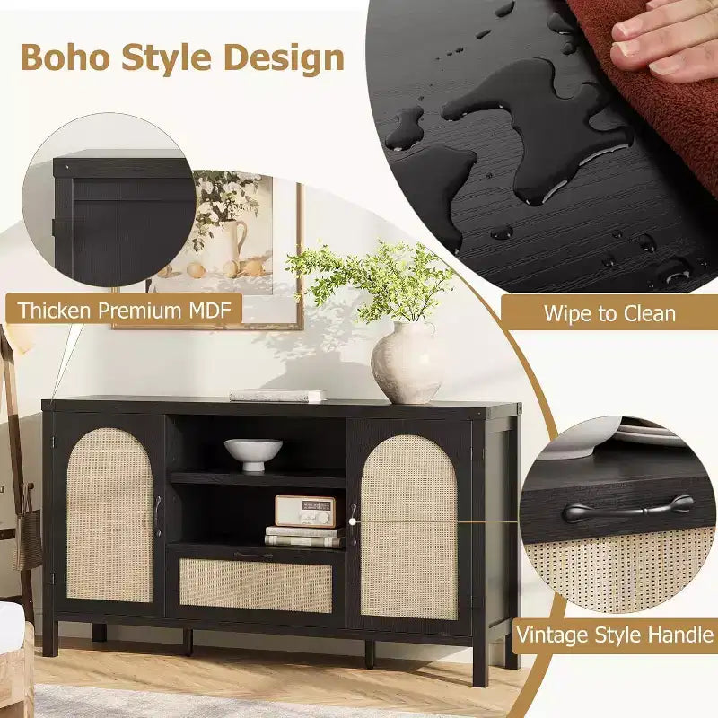 Credenza in legno e rattan 59.1''L x 18.43''P x 8.07''A
