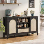 Sideboard Cabinet, 59.1 Rattan Farmhouse Buffet with Drawer & Open Shelves, Boho Storage for Dining Living Room