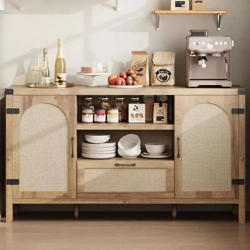 Credenza in legno e rattan 59.1''L x 18.43''P x 8.07''A
