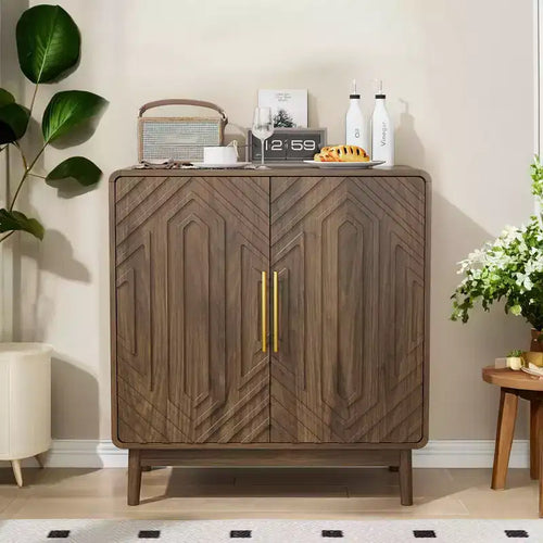 MAYEERTY Sideboard Buffet Cabinet with Carved 2 Door Adjustable Layer Board for Living Room Kitchen Dining Room Walnut