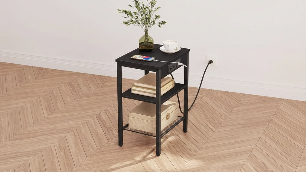 ACOINEL Side Table with Charging Station, 3-Tier Small End Table with Adjustable Shelf/USB/Type-C, Black Nightstand