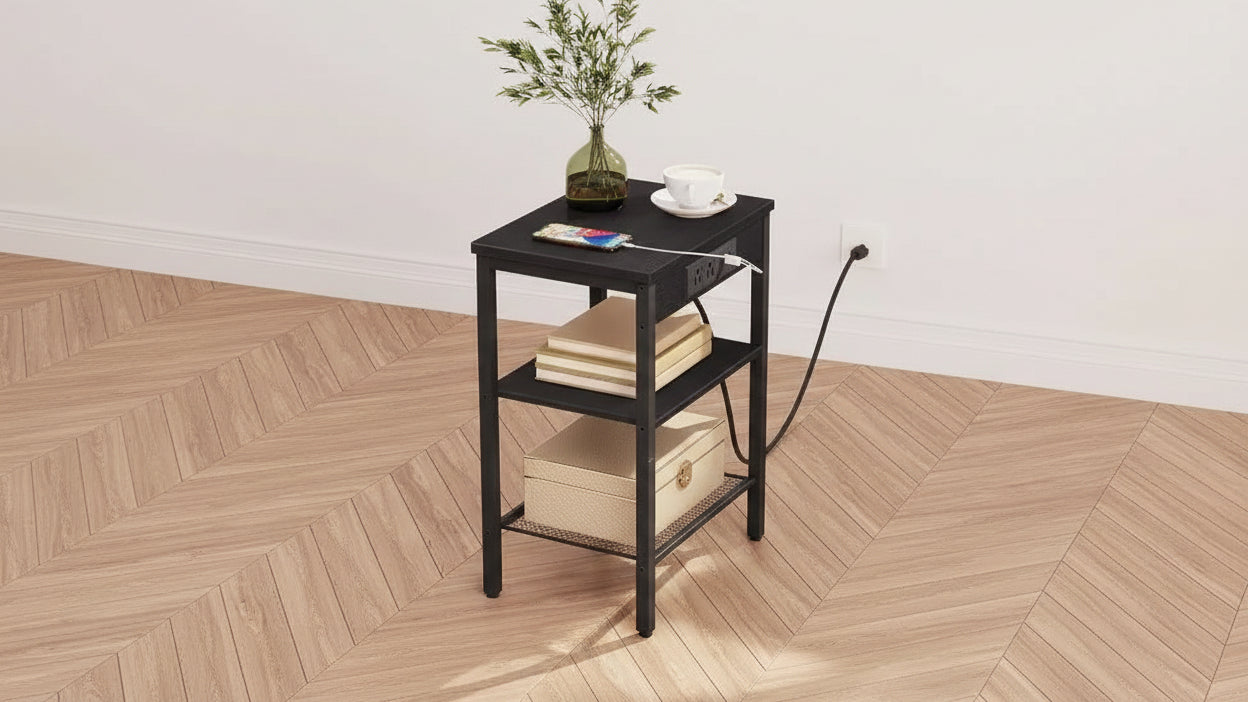 ACOINEL Side Table with Charging Station, 3-Tier Small End Table with Adjustable Shelf/USB/Type-C, Black Nightstand