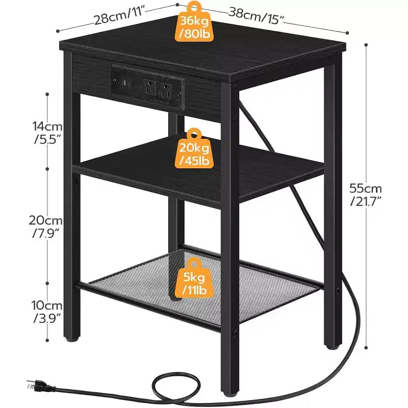 Tavolino da Divano a 3 Ripiani in Metallo e Legno con Ricarica USB 61 cm H x 30,5 cm L x 30,5 cm P