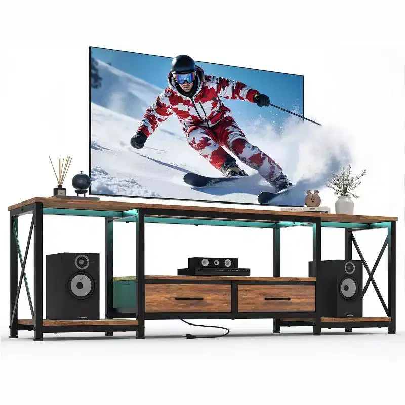 Mobile TV in Legno e Tessuto con Ripiani Aperti e Cassetti