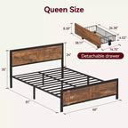 Struttura letto a piattaforma queen size in metallo e legno con 4 cassetti contenitore