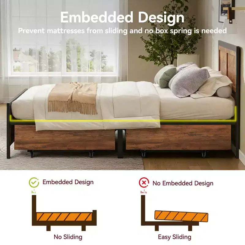 Struttura letto a piattaforma queen size in metallo e legno con 4 cassetti contenitore