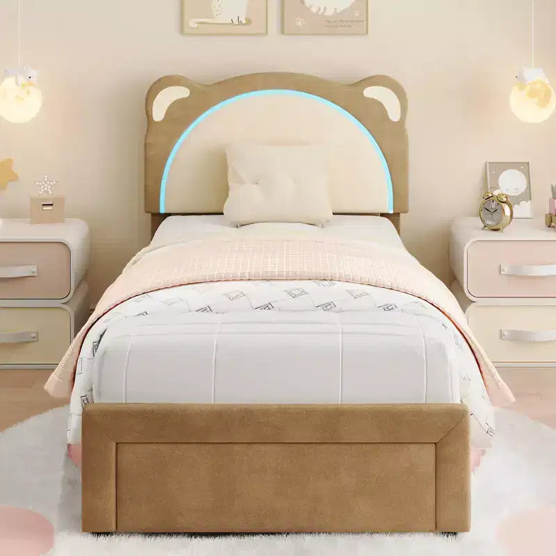 Struttura Letto a Piattaforma Matrimoniale per Bambini in Metallo e Pelle Scamosciata con Cassetti Contenitore
